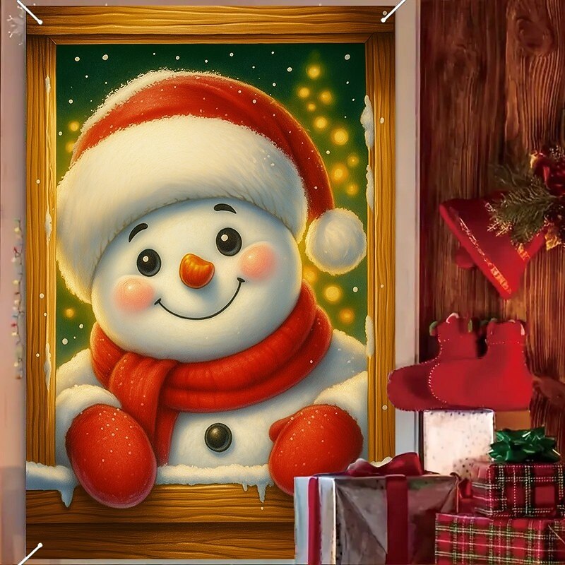 Christmas Snowman Friends Curtain, 2025 Xmas Cute Winter Window Curtain Door Cover for Holiday Decor, Kids Room, Front Door, Indoor Outdoor Hanging Tapestry2