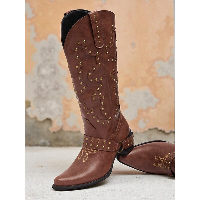 Women's Dark Brown Western Cowboy Boots – Studded Faux Leather Mid Calf Boots with Chunky Heel for Country Style and Concerts3