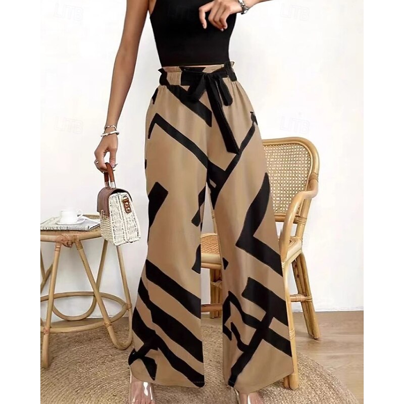 Women's Culottes Wide Leg Chinos Streetwear Casual Full Length Medium Waist Geometric Pattern Elastic Waist Comfortable Micro-elastic Outdoor Street Daily Brown Spring Fall Loose Fit2