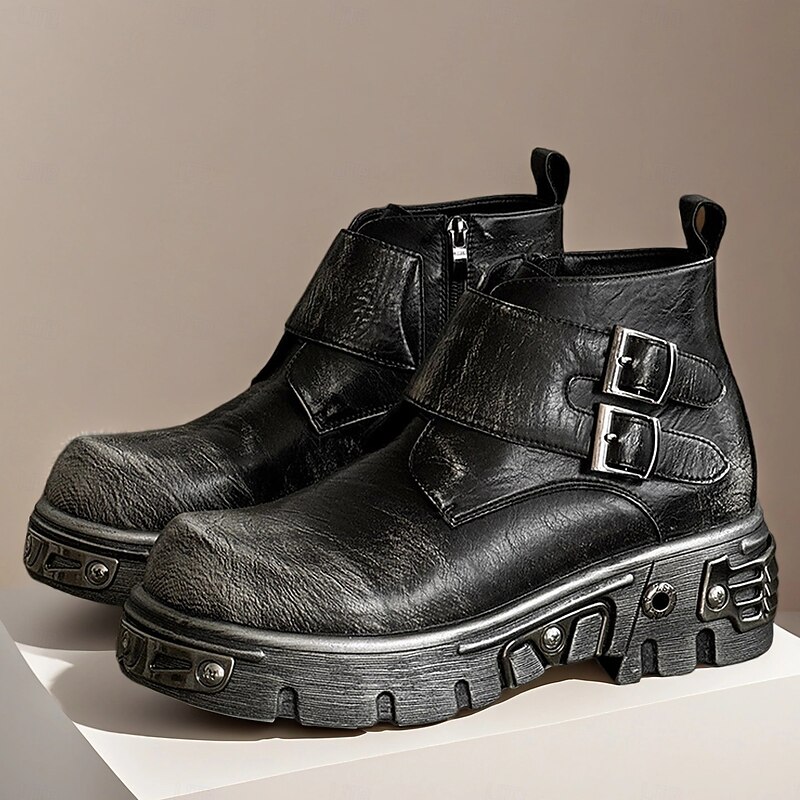 Men's Black Gothic Platform Boots Heavy Duty Buckle Strap Biker Boots with Metal Accents for Halloween Parties, Cosplay Costumes and Stage Performances