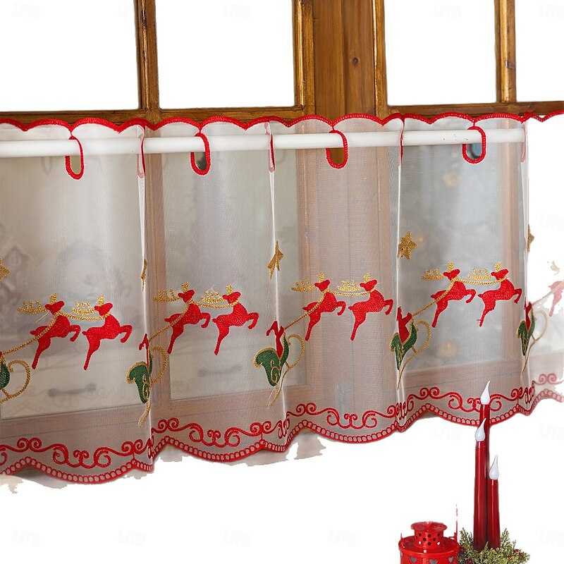 Christmas Red Half Curtain American Style Door Curtain Cafe Curtain, Embroidered Lace Semi Blackout Window Treatment for Holiday Decoration2