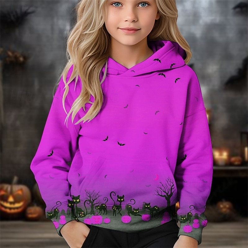 Halloween Girls' 3D Pumpkin Hoodie Long Sleeve Fall Winter Fashion Adorable Basic Kids 4-12 Years Hooded Outdoor Casual Daily Regular Fit2