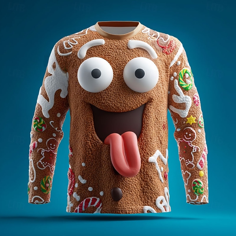 Christmas Men's 3D Gingerbread T Shirt Long Sleeve T shirt 3D Print Crew Neck Shirt Fashion Basic 3D Street Casual Daily Brown Brown 2 Brown 4 Summer Spring Clothing Apparel S M L XL XXL XXXL2