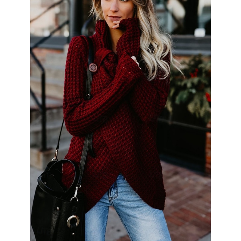 Women's Sweater Casual Soft Pure Color Ribbed Turtleneck Knitted Long Sleeve Regular Tops Knit Outdoor Daily Weekend Black Wine Fall Winter3