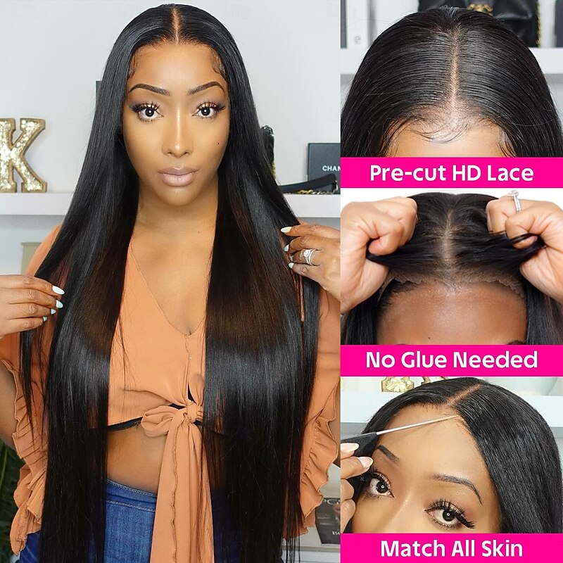 Wear and Go Glueless Wigs Human Hair Pre Plucked Pre Cut 4x4 Straight Lace Front Wigs Human Hair Wigs for Women No Glue Hd Lace Front Closure Ready to Wear Wigs 180% Density3