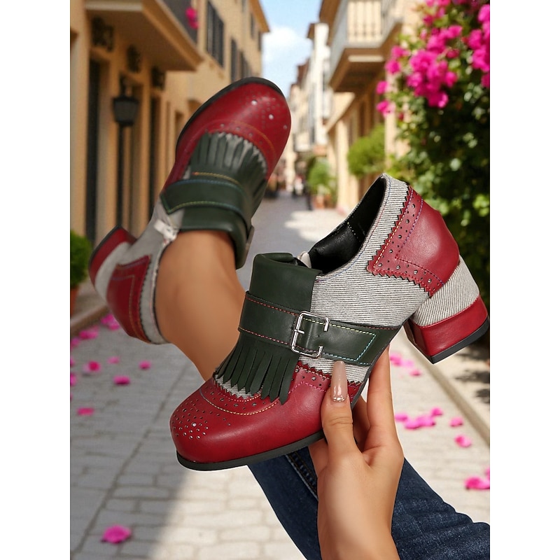 Women's 1950s Retro T-Strap Block Heel Oxfords with Fringe, Unique Color Block Design for Casual, Daily & Street Style.4