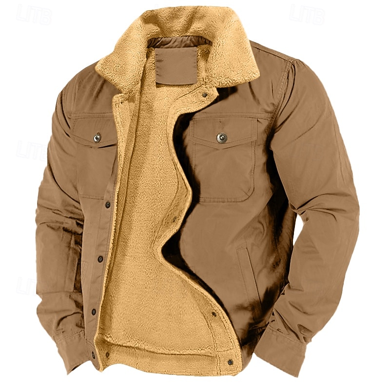 Men's Fleece Jacket Cargo Jacket Vacation Casual Thermal Warm Fleece Lining Pocket Fleece Collar Winter Solid Color WorkWear Collar Regular Dark Gray Black White Brown Green Jacket - Main Image