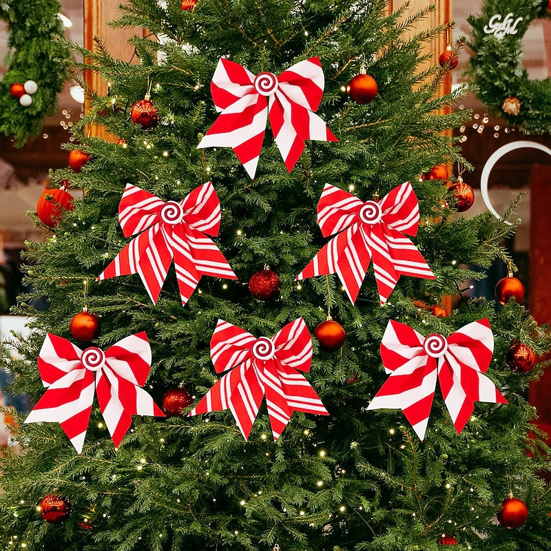 6pcs Christmas Bows Ornaments, Red and White Striped Candy Bows for Christmas Tree Decoration, Holiday Window Display