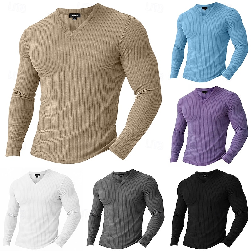 Men's T Shirt Muscle Shirt Ribbed Knit tee Tee Top Long Sleeve V Neck Spring Fall Winter Plain Pit Strip Fashion Designer Basic Knitting Vacation Street Casual Light Blue Black White Top Tee for Men