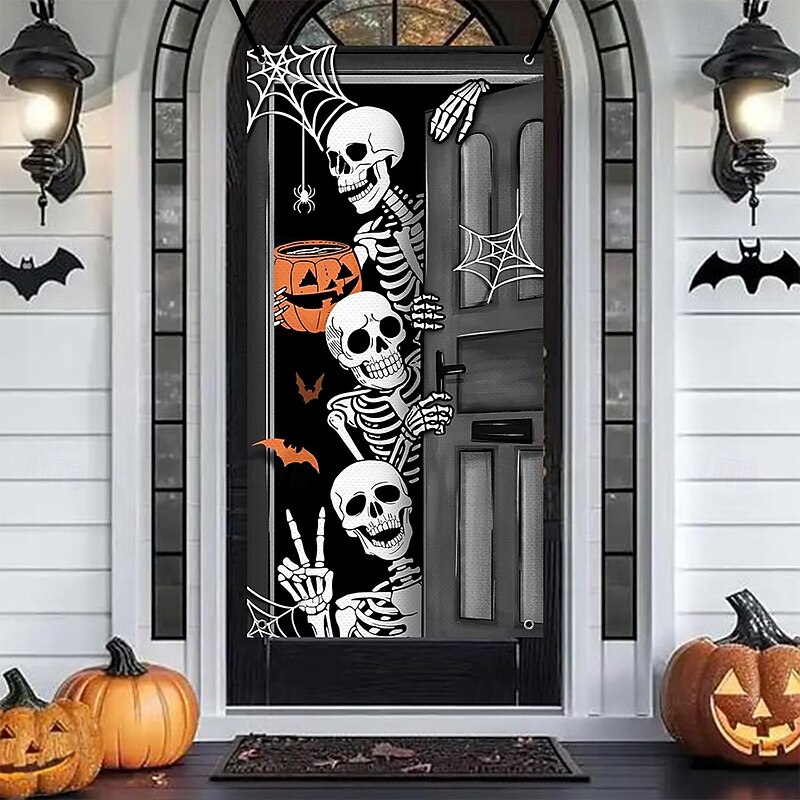 Halloween Door Cover Outdoor Banners Skeleton Witch 3D Dark Punk Gothic Style Party Outdoor Shooting Backgrounds Front Door Wall Porch Home Decor3