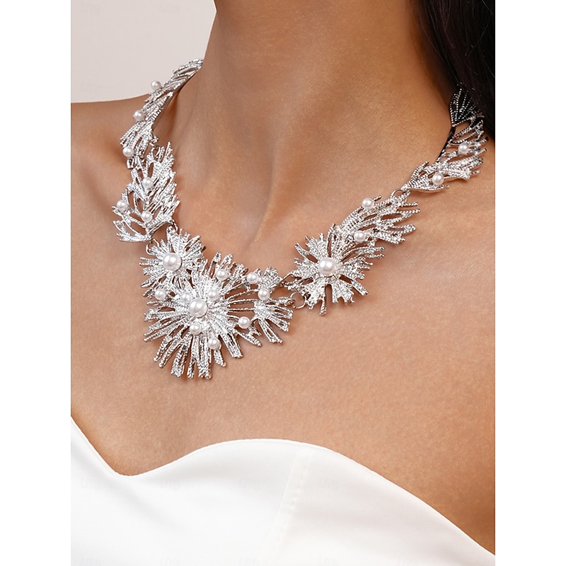 Women's Silver Pearl Statement Necklace and Earrings - Sparkling Party Jewelry for Evening, Cocktail and Special Occasions3