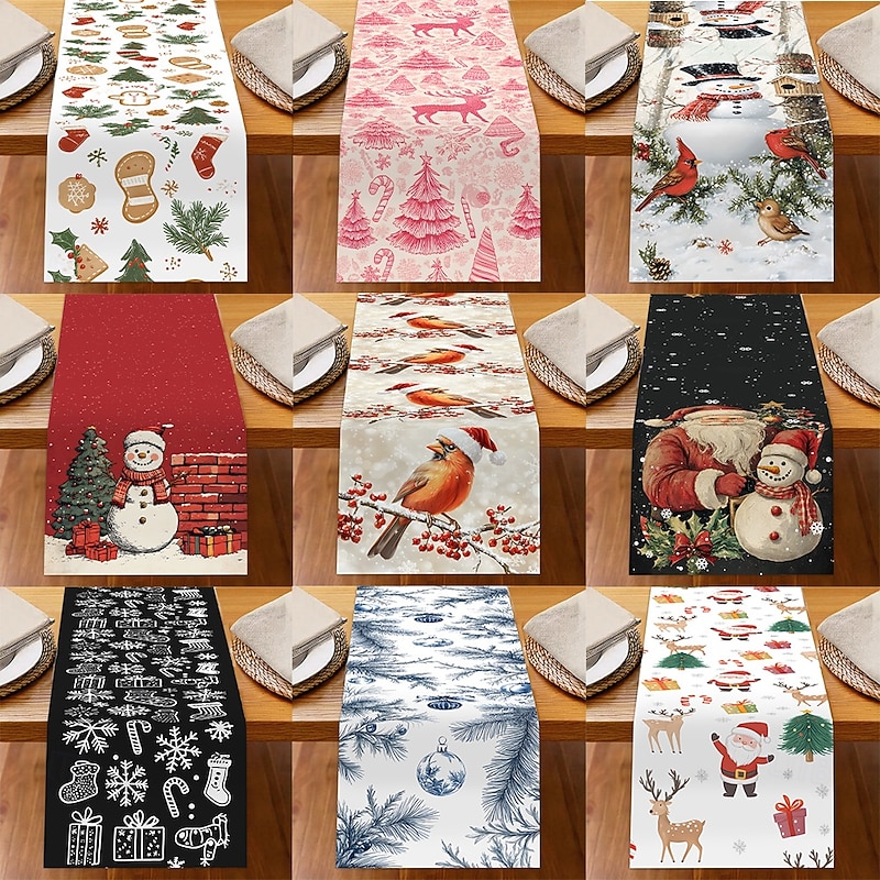 Christmas Linen Table Runner, Holiday Cartoon Santa & Snowflake Print Tablecloth, Dining Table Decor, Living Room & Countertop Festive Decoration2