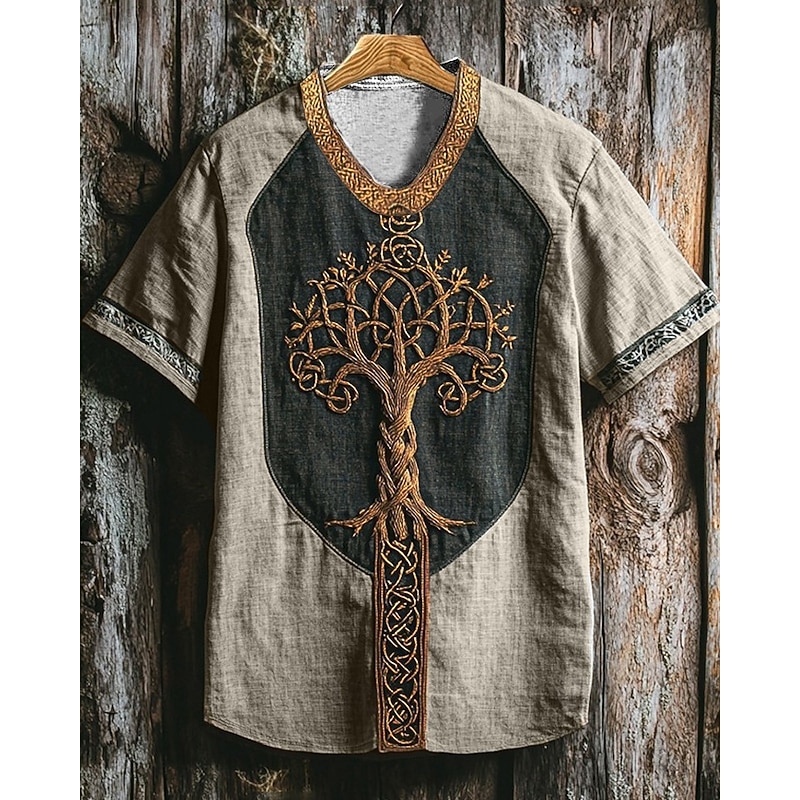 Men's T Shirt Tee Graphic Tee Short Sleeve Shirt Short Sleeve V Neck Summer Tribal Tree Of Life Yggdrasil Vintage Designer Basic Print Vacation Street Going out Blue Khaki Top Tee for Men