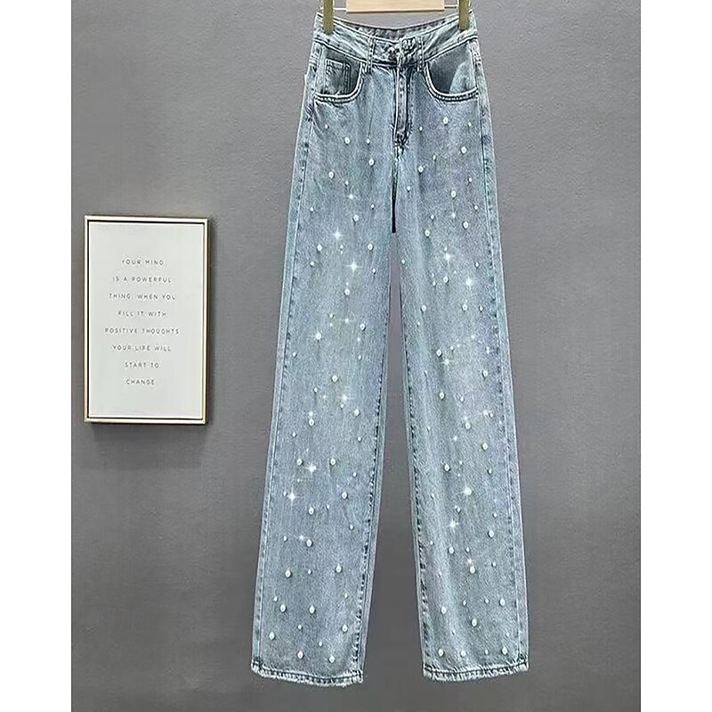 Women's Jeans Vacation Streetwear Full Length Medium Waist Polka Dot Pocket Comfortable Micro-elastic Outdoor Vacation Daily Dark Navy Light Blue Spring Fall Regular Fit2