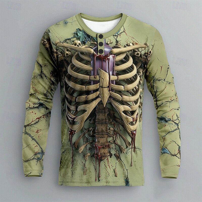 Men's Halloween Skeleton Henley Shirt Long Sleeve Fashion Cute Daily Casual Holiday Going out Fall Spring &  Fall Lake blue Green Khaki Henley Collar Henley Henley T-Shirt