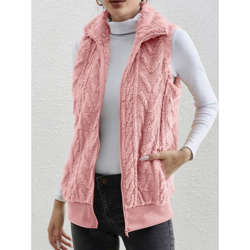 Women's Winter Coat Fleece Vest Sherpa Jacket Comfortable Breathable Zipper Casual Plain Vacation Street Casual Daily Wear Zipper Regular Turndown Regular Fit Sleeveless Outerwear Black Pink Red3