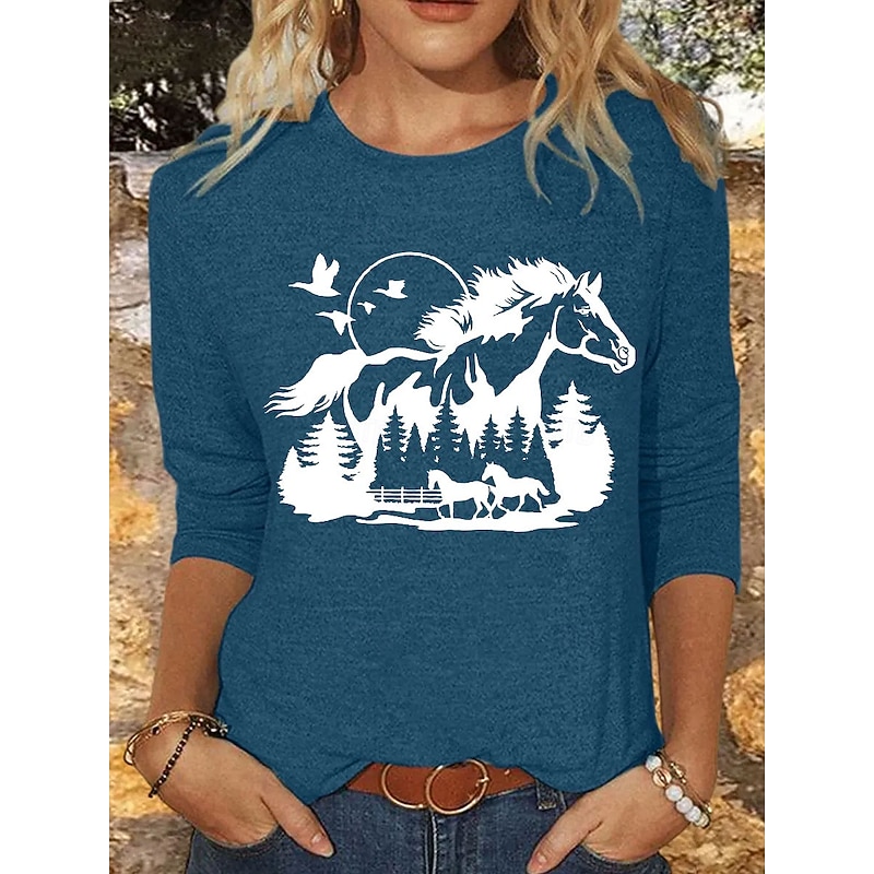 Women's T Shirt Graphic Animal Horse Vintage Stylish Classic Long Sleeve Crew Neck Round Neck Regular Tops Daily Print Pink Blue Khaki Gray Spring Fall Winter2