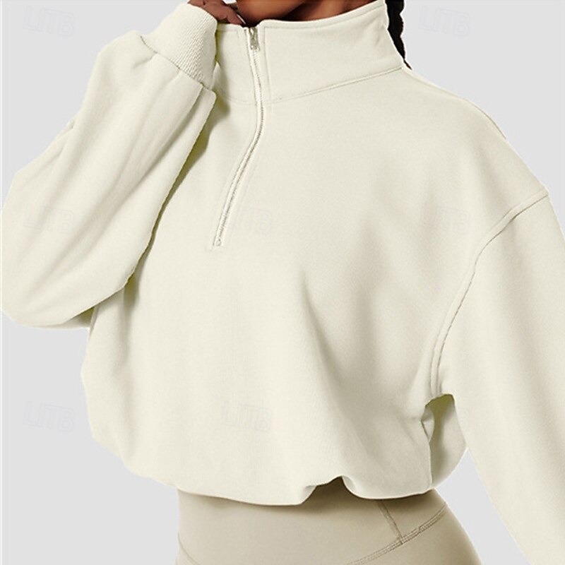 Women's Pullover Sweatshirts Zip Up Sweatshirts Plain Sports Fashion Casual Long Sleeve High Neck Regular Tops Street Dailywear Casual Half Zipper Quarter Zipper Zipper Beige Fall Winter3
