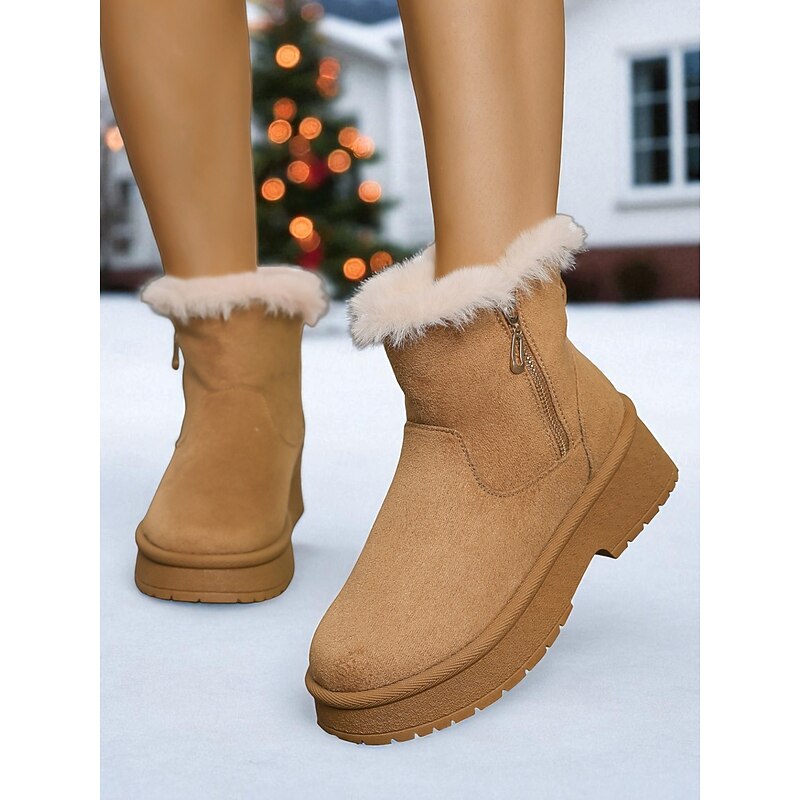Women's Casual Faux Suede Snow Boots with Side Zipper and Fur Trim – Cozy Winter Outdoor Casual Footwear3