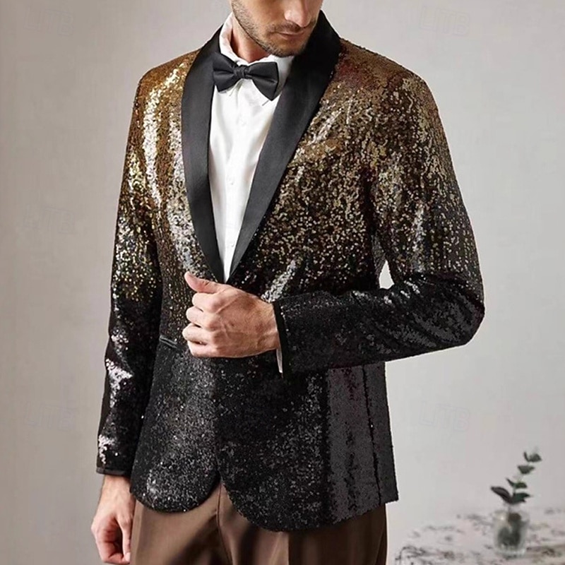Men's Blazer Business Cocktail Party Wedding Party Fashion Casual Spring Fall Polyester Gradient Sequins Pocket Comfortable Single Breasted Blazer Gold4