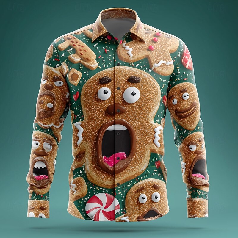 Christmas Men's 3D Cartoon Smile Face Gingerbread Man Shirt Button Up Shirt Long Sleeve Funny Outdoor Holiday Spring Fall Turndown 3D Print Collared Shirts Blue Green Khaki2