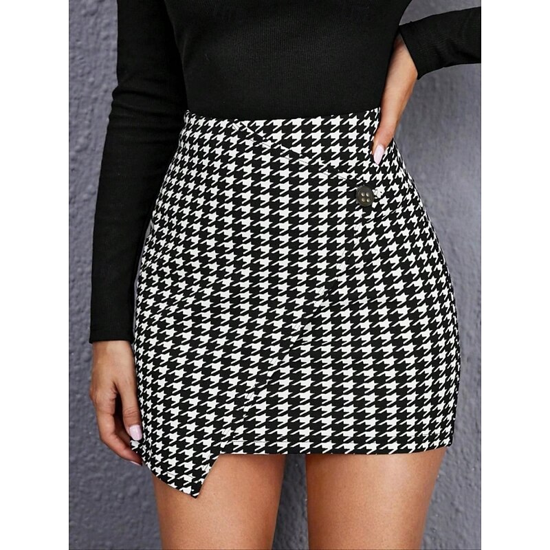 Women's Skirt Bodycon Fashion Casual Mini High Waist Skirts Houndstooth Print Micro-elastic Street Daily Black Spring Polyester