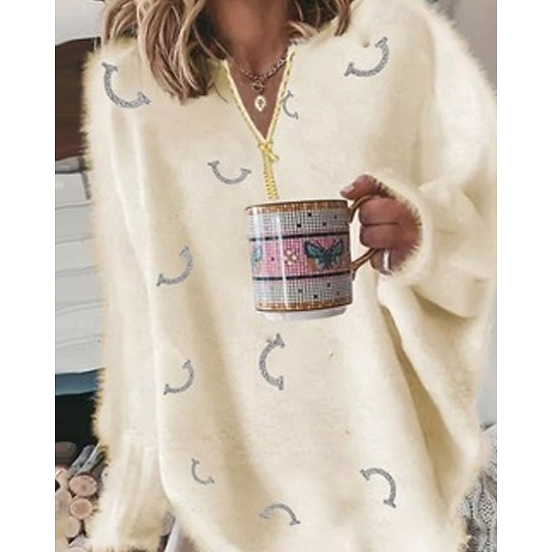 Women's Sweater Pullover Streetwear Casual Graphic Ribbed V Neck Knitted Long Sleeve Regular Tops Knit Outdoor Daily Weekend White Yellow Fall Winter2