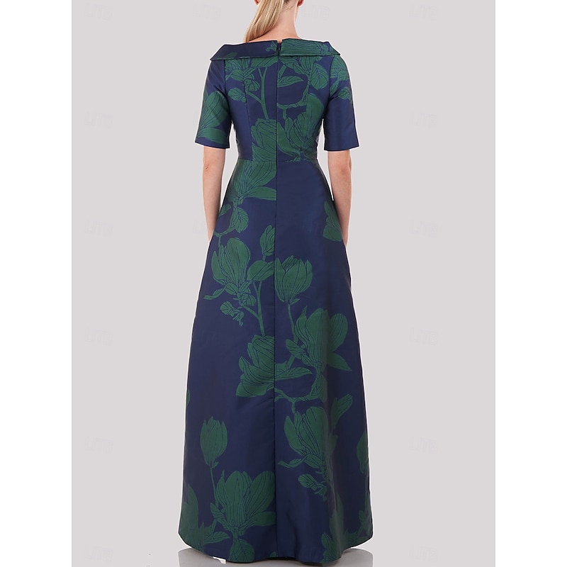 A-Line Evening Gown Elegant Dress Formal Wedding Floor Length Half Sleeve Shirt Collar Pocket Satin with Floral Print2