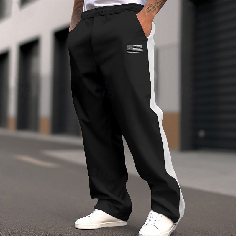 Men's Sweatpants Wide Leg Sweatpants Trousers Casual Pants Elastic Waist Straight Leg Color Block National Flag Breathable Full Length Outdoor Casual Daily Fashion Streetwear Black Royal Blue Stretchy4