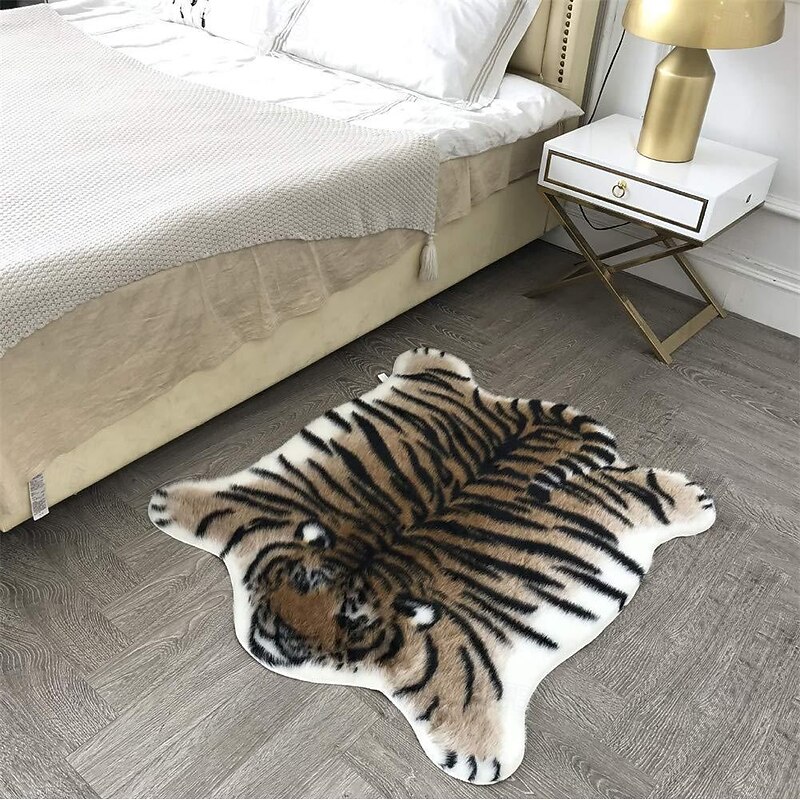 Area Rugs Tiger Print Shaped Rug, Faux Fur Animal Skin Carpet for Living Room & Bedroom, Soft Fluffy Accent Floor Mat Home Decor
