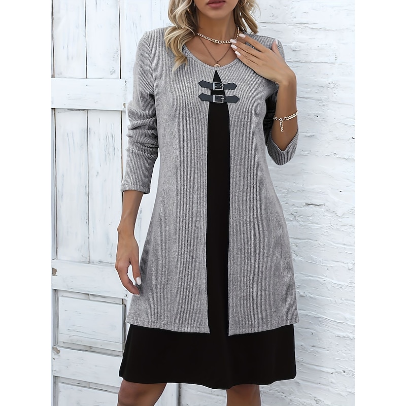 Women's Knee Length Dress A Line Dress Elegant Vacation Casual Regular Fit Solid Color Long Sleeve Crew Neck Yellow Pink Blue Green Fall Winter