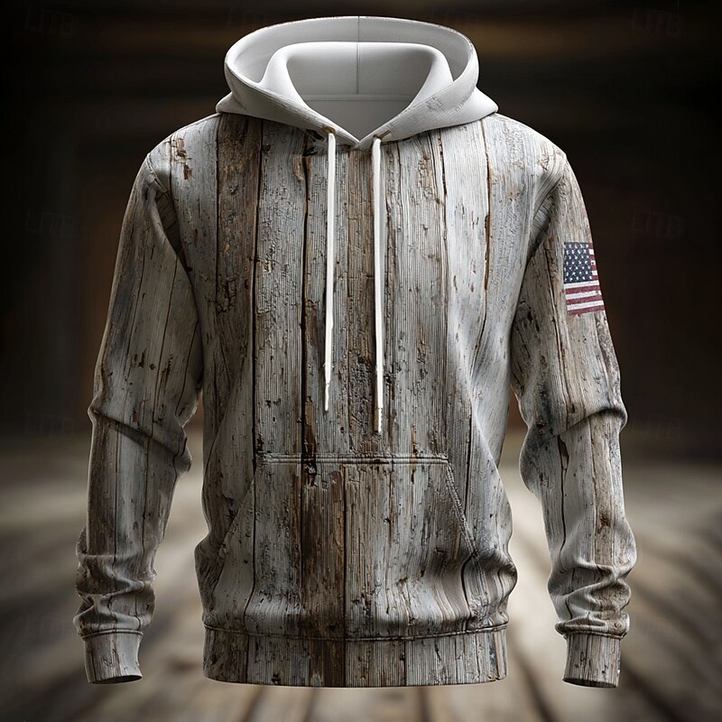 Men's Wood Grain 3D Hoodie Sweatshirt Ethnic Vintage Retro Crew Neck Outdoor Streetwear White Drawstring Fall Winter Designer