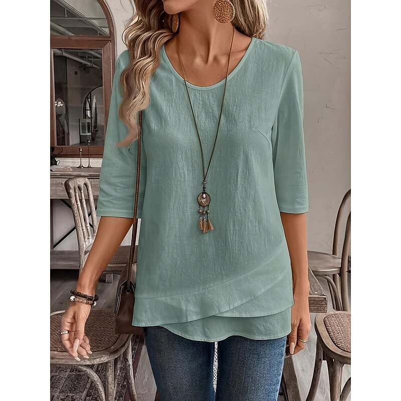 Women's Blouse Solid Color Vintage Tropical Stylish Half Sleeve Crew Neck Square Neck Scoop Neck Regular Tops Daily Ruffle White Pink Navy Blue Blue Green Spring Fall Winter4