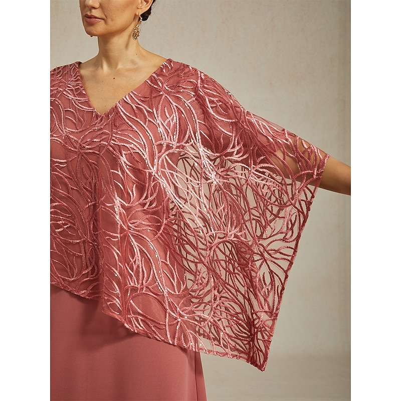 Women's Tea Length Chiffon Dress Elegant Party Solid Color Half Sleeve V Neck Pink Summer Spring3