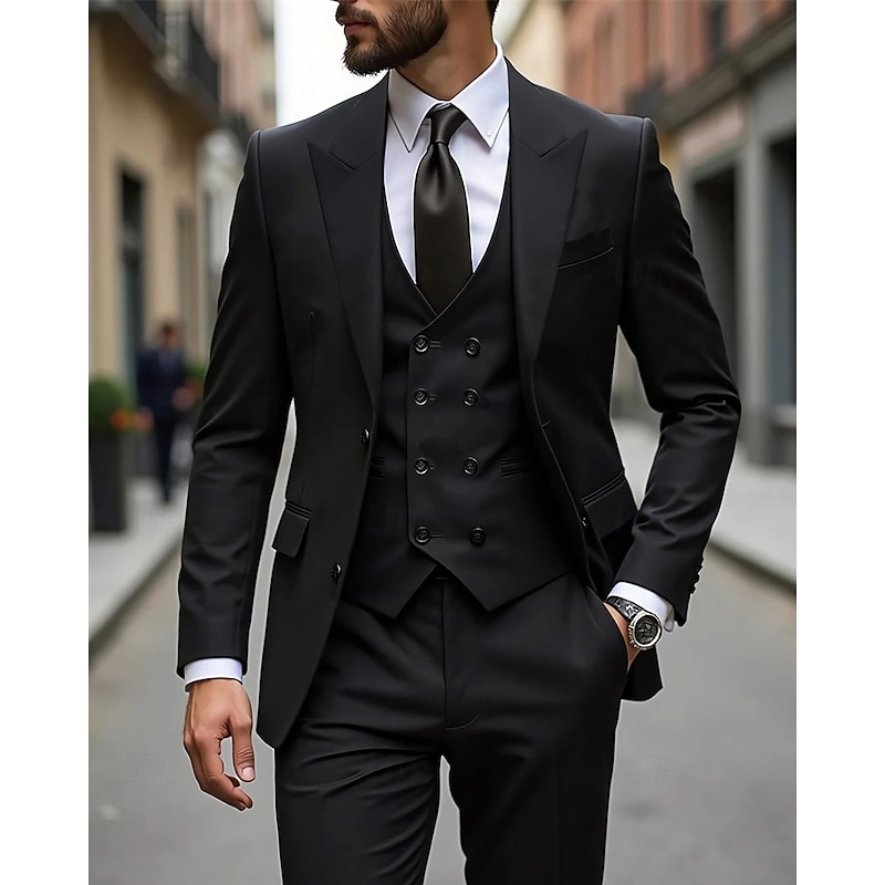 Men's Blazer Vest Set Business Cocktail Party Wedding Party 3 Piece Fashion Casual Spring Fall Polyester Plain Pocket Buttons Comfortable Single Breasted Blazer Dark Gray Black White Red3