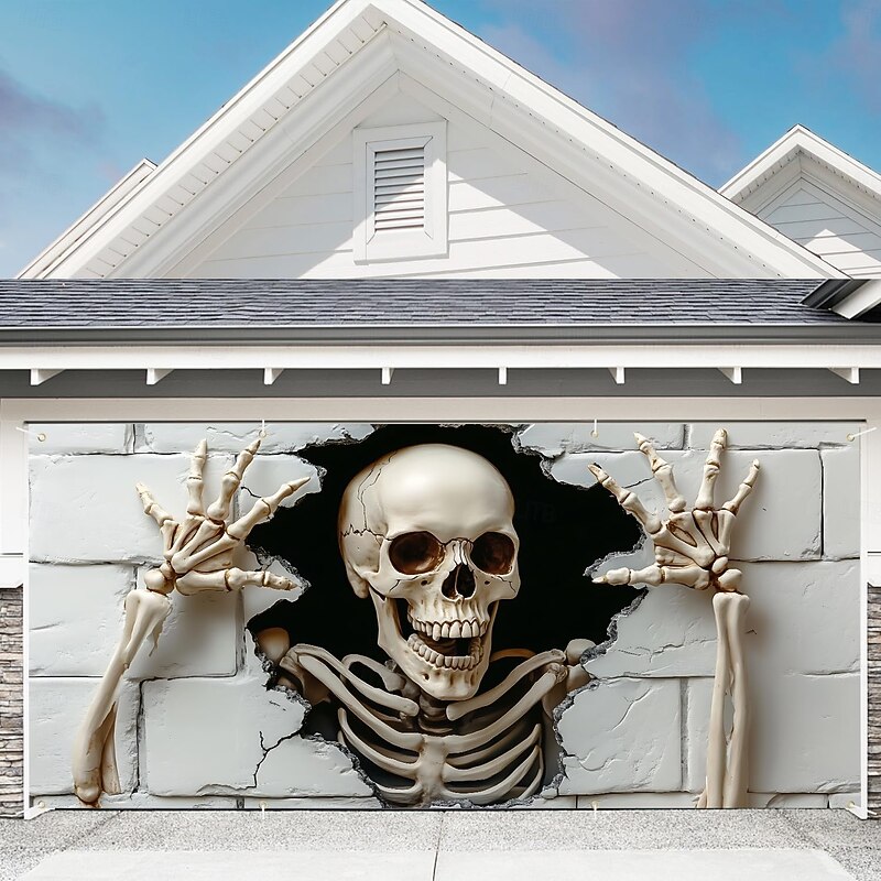 Halloween Garage Door Cover White Skull Hanging Tapestry Haunted House Decoration Creepy Outdoor Halloween Decor Spooky Horror Party Supplies for Yard Garden Garage Entrance