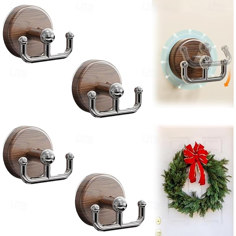 4Pcs Multi-Functional Wood Grain Suction Cup Hook Heavy Duty Christmas Mantle Wreath Hooks No Drill Garland Hanger for Front Door Bathroom Kitchen & Christmas Stockings