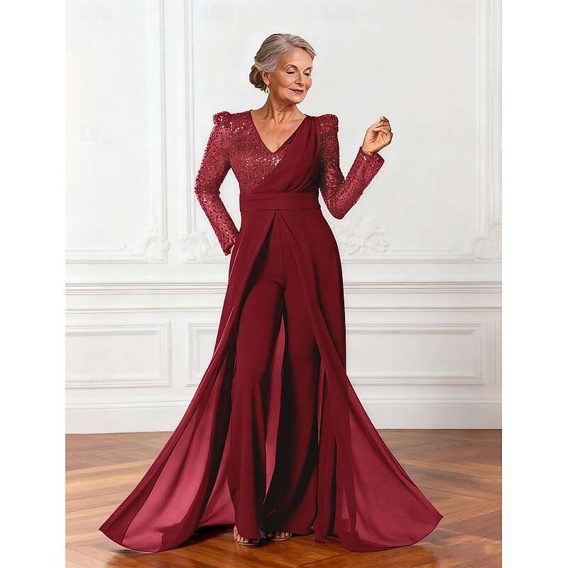 Jumpsuits Mother of the Bride Dress Elegant Sparkle & Shine V Neck Floor Length Chiffon Long Sleeve with Sash / Ribbon Sequin3
