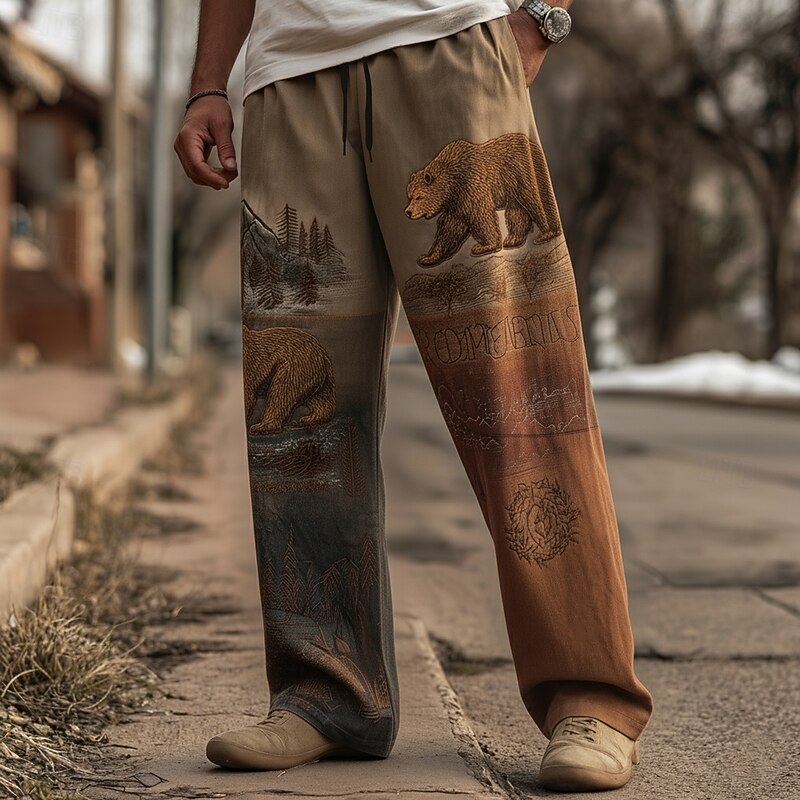 Men's Animal Bear Nature Pants Trousers Casual Pants Mid Waist Drawstring Elastic Waist Vintage Retro Outdoor Camping & Hiking Hunting Straight Leg Trousers Spring Fall 3D Print Green khaki2