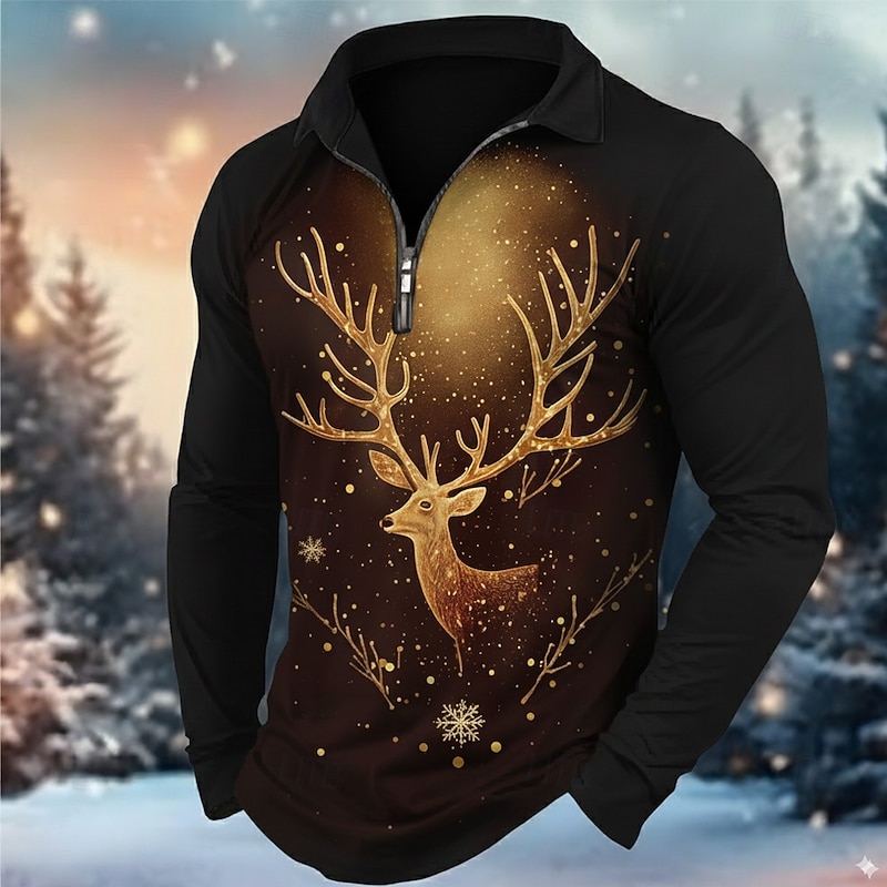 Christmas Men's Elk Polo Long Sleeve Turndown Modern Leisure Casual Daily Festival Zipper 3D Print Spring Fall Winter Black Red Dark Green