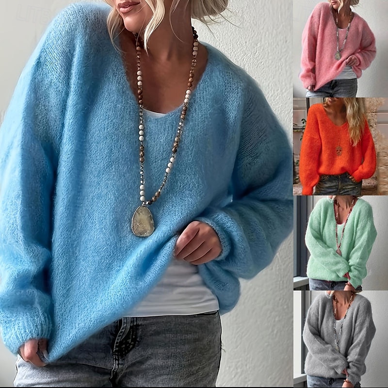Women's Sweater Elegant Fashion Streetwear Pure Color V Neck Knitted Long Sleeve Regular Tops Knit Outdoor Daily Weekend Pink Blue Spring Fall3