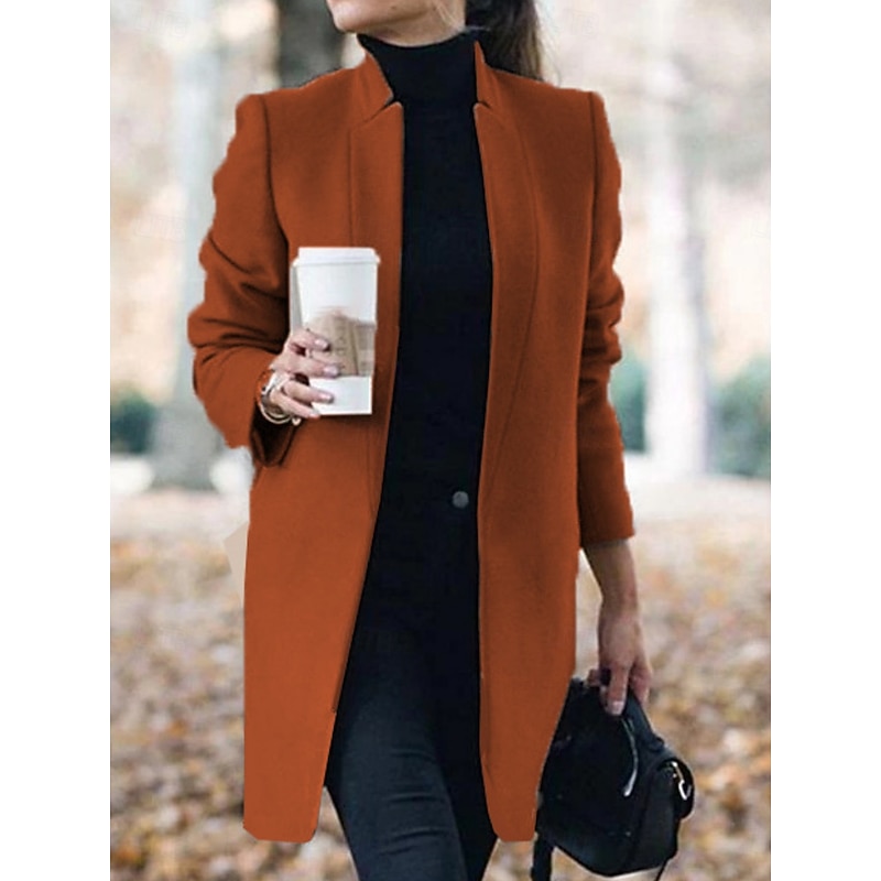 Women's Winter Jacket Warm Breathable Slim Fit Elegant Casual Plain Vacation Street Casual Daily Wear Open Front Long Stand Collar Regular Fit Long Sleeve Outerwear Yellow Brown Khaki Fall Winter