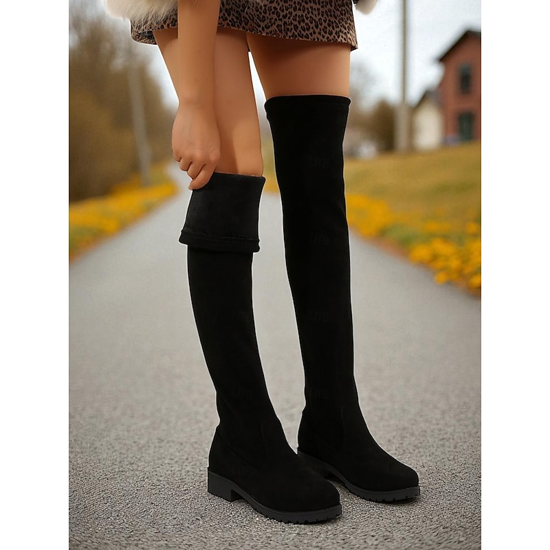 Women's Black Over the Knee Boots – Faux Suede Low Heel Winter Boots for Streetwear and Casual Outfits4