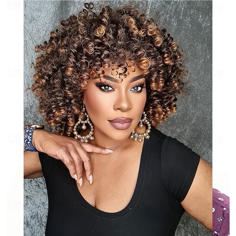 14inch Black/Brown Curly Wigs for WomenShort Kinky Afro Curly Wigs with Bangs Natural Soft Bouncy Fluffy Heat Resistant Synthetic Hair Wig 70s for Daily or Party3