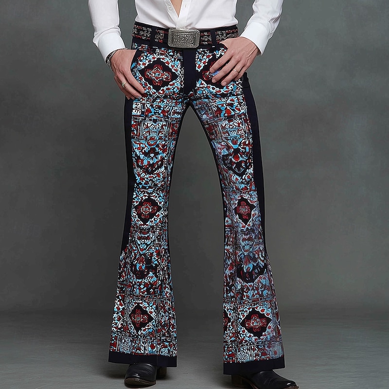 Men's Geometric Pattern Ethnic Disco Pants 60s 70s Bell Bottoms Mid Waist Western Vintage Retro Outdoor Vacation Casual Side Pockets Flared Leg Pants Trousers Spring Fall 3D Print Black