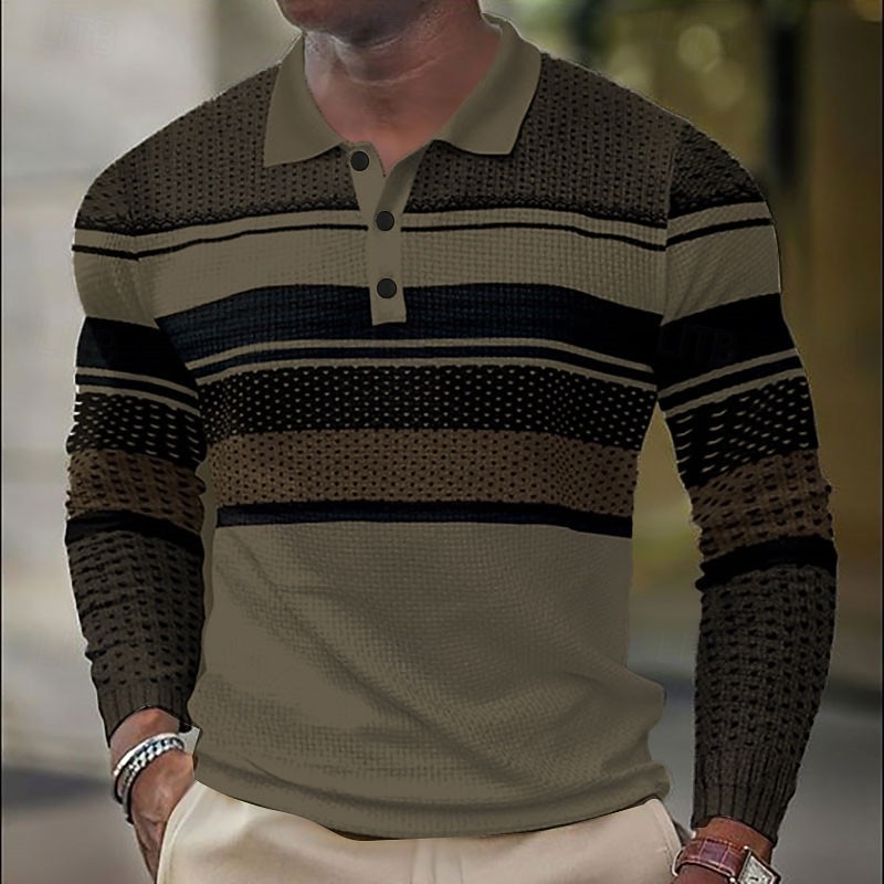 Men's Striped Golf Shirt Long Sleeve Polo Shirts Collared Shirts Casual Vacation Wear Formal Wear Festival Wear Buttons 3D Print Fall & Winter White Purple Brown4
