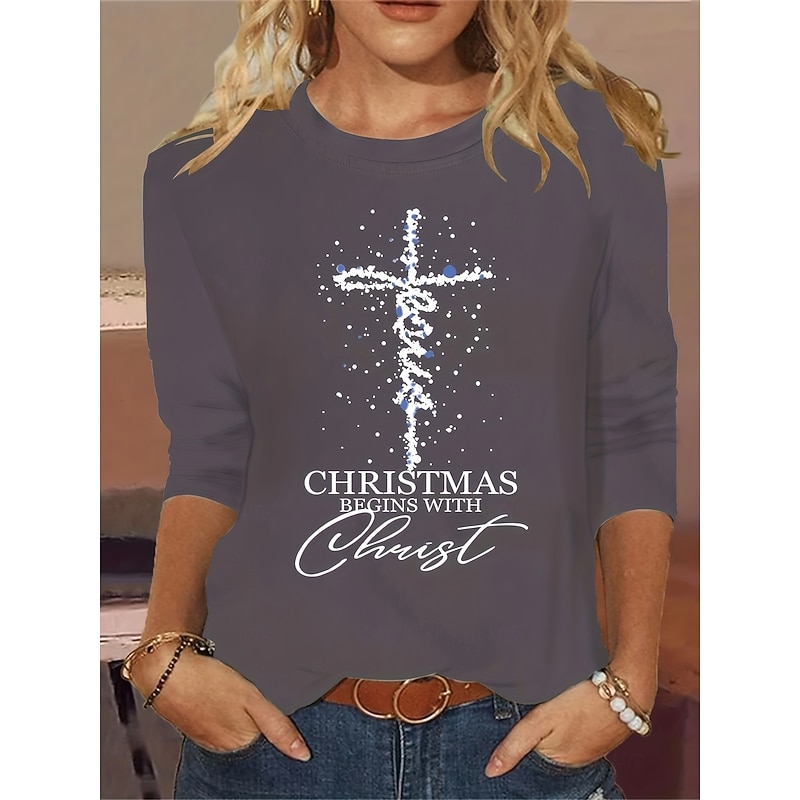 Christmas Women's T Shirt Graphic Letter Snowflake Vintage Fashion Stylish Long Sleeve Crew Neck Regular Tops Daily Weekend Print Black Yellow Red Green Gray Spring Fall Winter4
