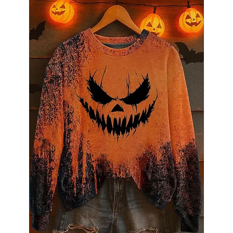 Women's Pullover Graphic Monster Casual Long Sleeve Crew Neck Regular Tops Street Dailywear Casual Print Blue Purple Orange Green Gray Fall Winter