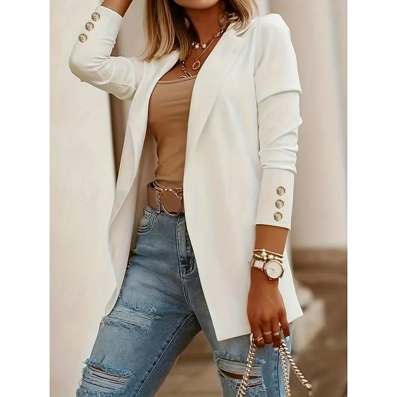 Women's Blazer Comfortable Breathable Pocket Casual Plain Office Street Casual Daily Wear Open Front Regular Turndown Regular Fit Long Sleeve Outerwear Black White Red Summer Spring