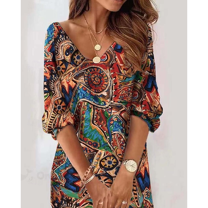 Women's Mini Dress Sheath Dress Shift Dress Party Casual Boho Birthday Daily Cocktail Party Regular Fit Floral Graphic Tribal Long Sleeve V Neck Brown Spring Fall Winter Autumn
